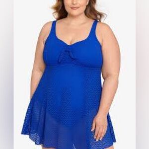 NWT Swim Solutions Plus Size Knot-Front Tummy-Control Swimdress Cobalt Blue 24W